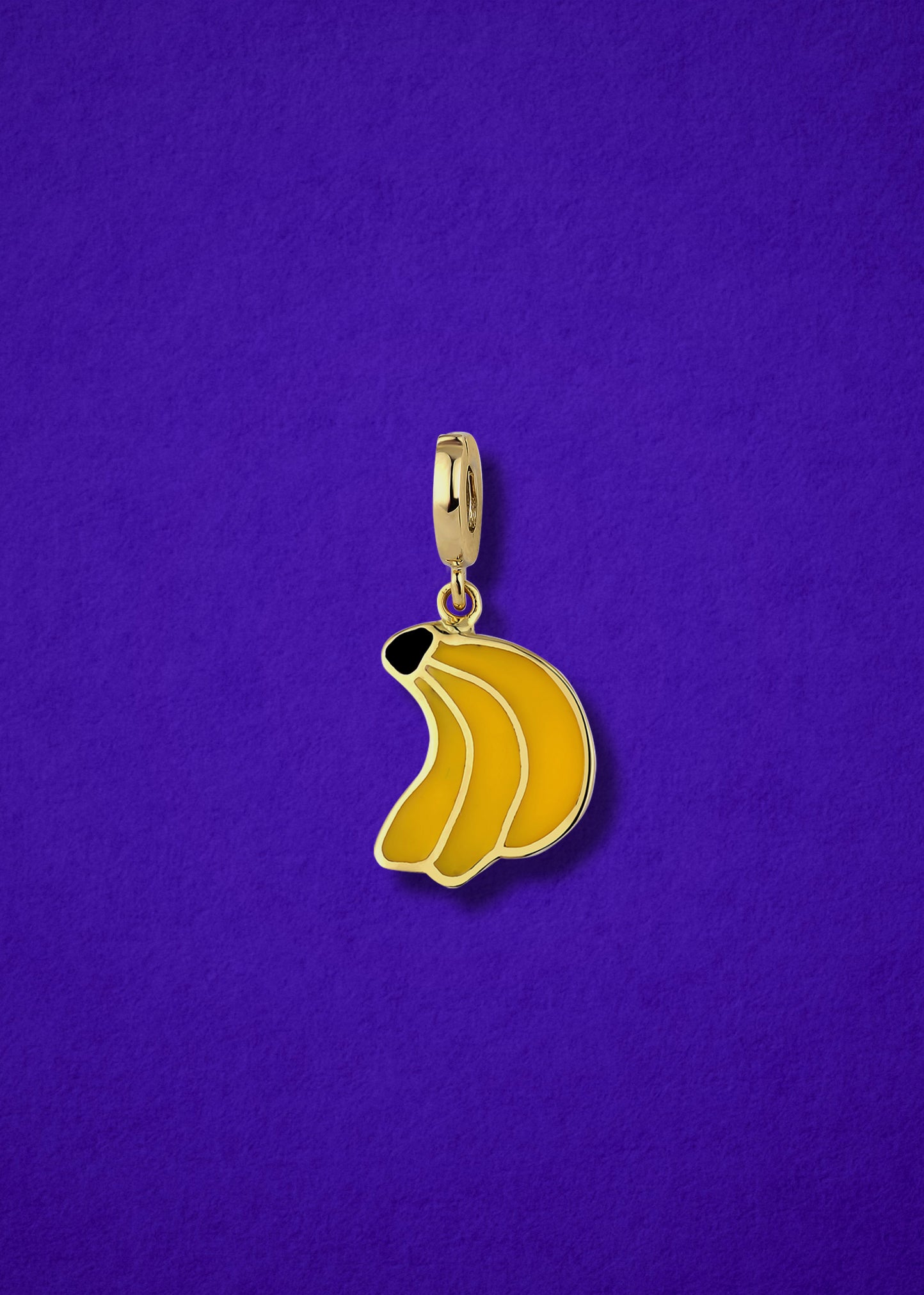 Banana Bliss Charm in 14K solid gold with yellow enamel by whywhy NYC, playful charm for bold jewelry collections.