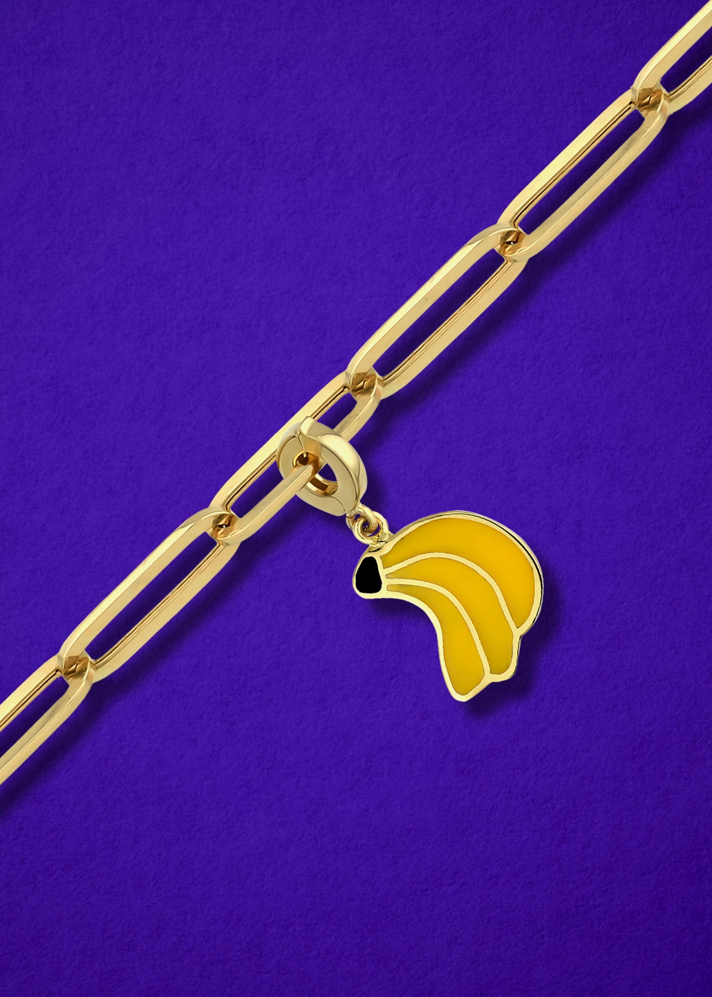 Banana Bliss Charm in 14K gold and yellow enamel on a gold chain, unique charm necklace by whywhy NYC.