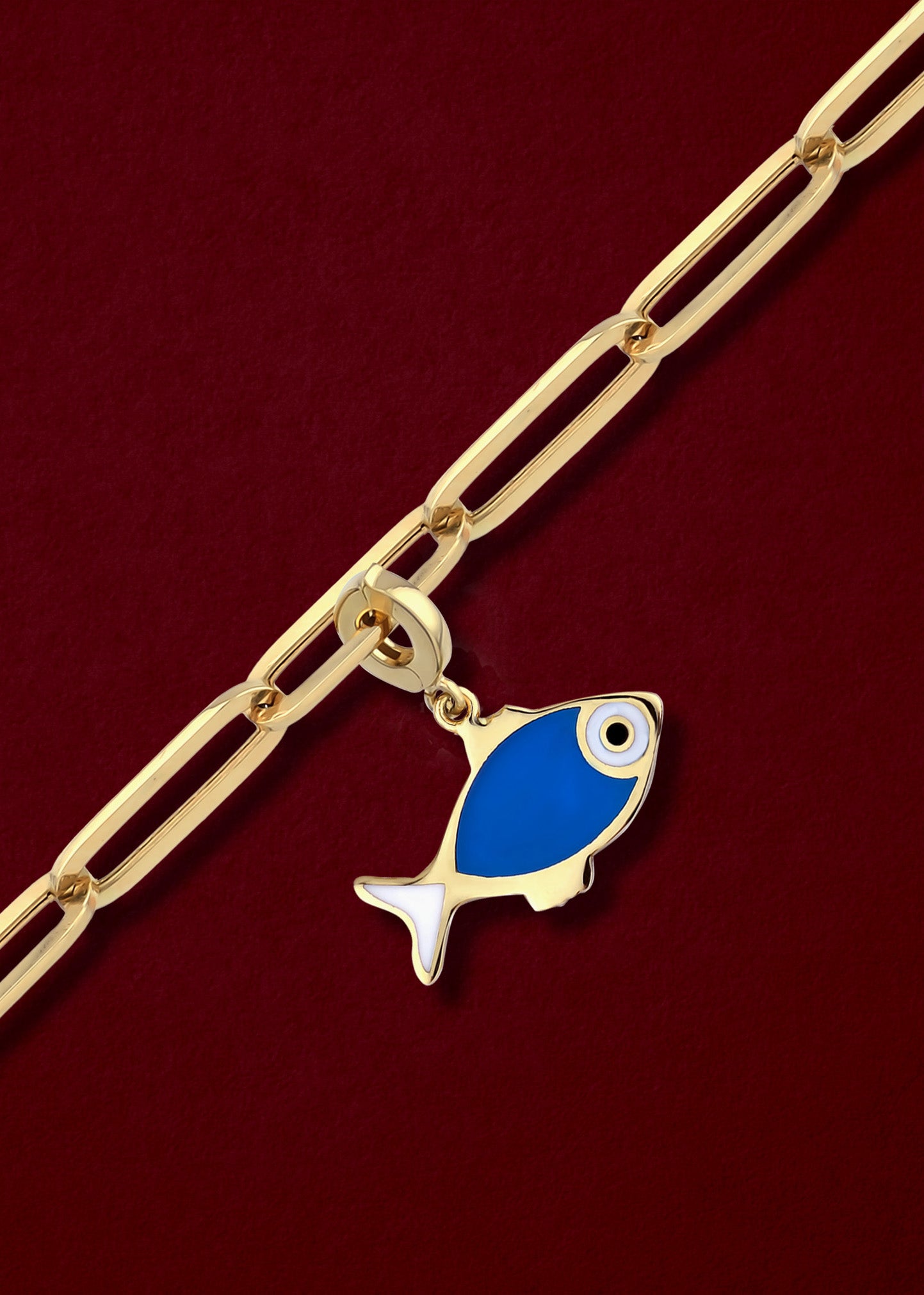 Fishy Wishes Charm in 14K gold with enamel on chain, ocean-themed charm necklace by whywhy NYC.