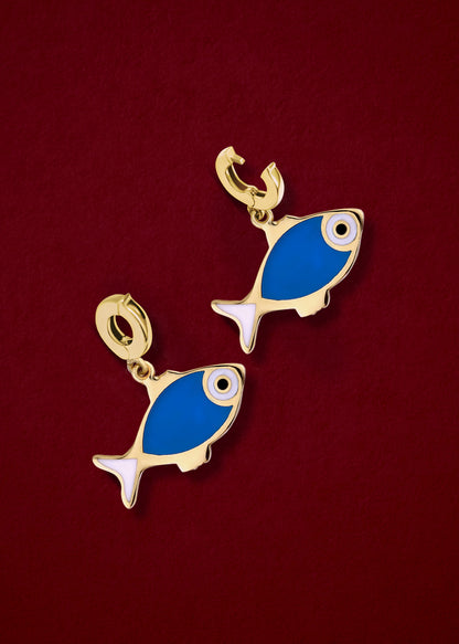 Fishy Wishes Charm showing both open and closed views of the 14K solid gold clip, with colorful enamel detail, displayed on a dark red background.