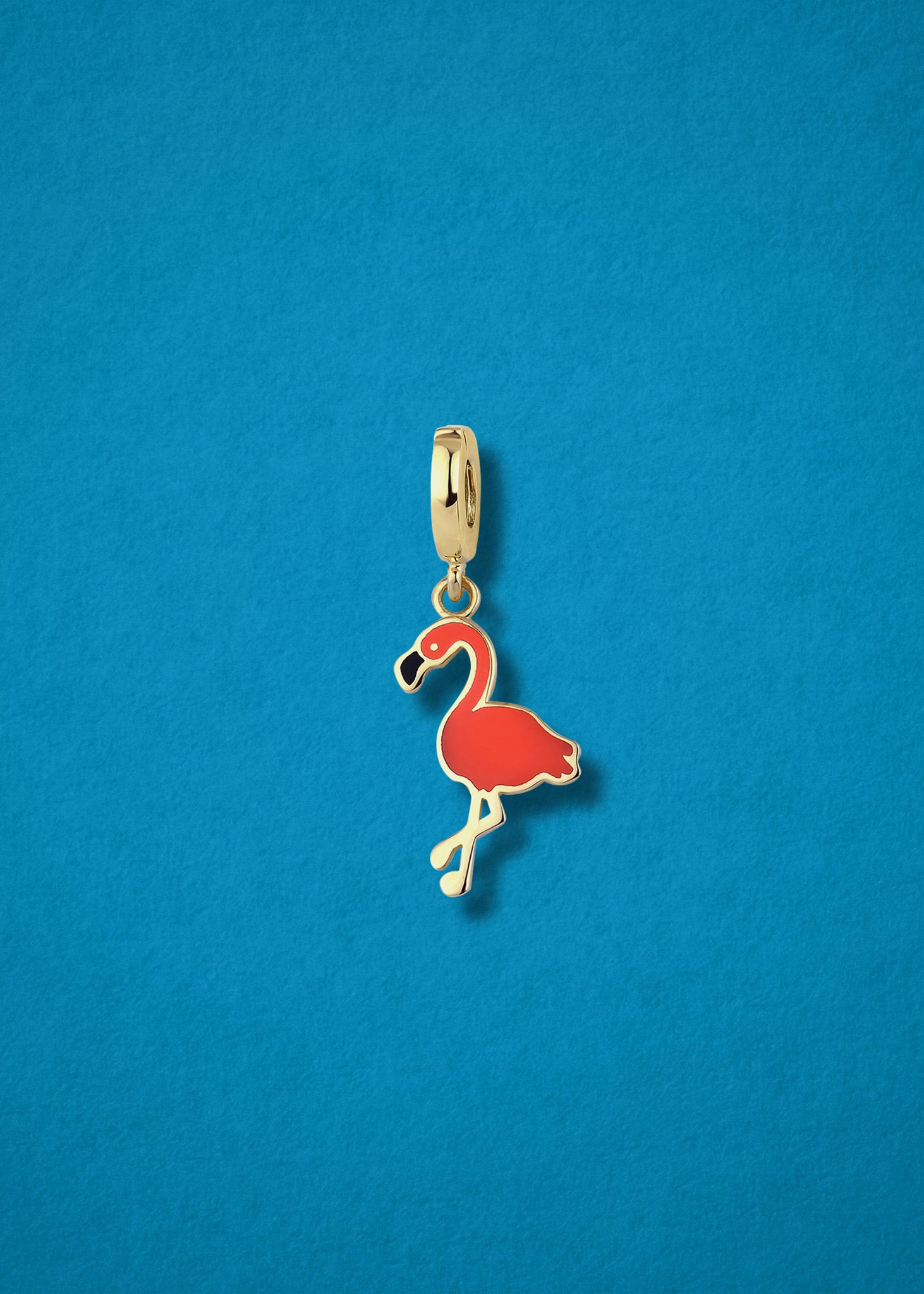 Flamingo Flair Charm in 14K solid gold with pink enamel by whywhy NYC, bold tropical charm for jewelry stacks.