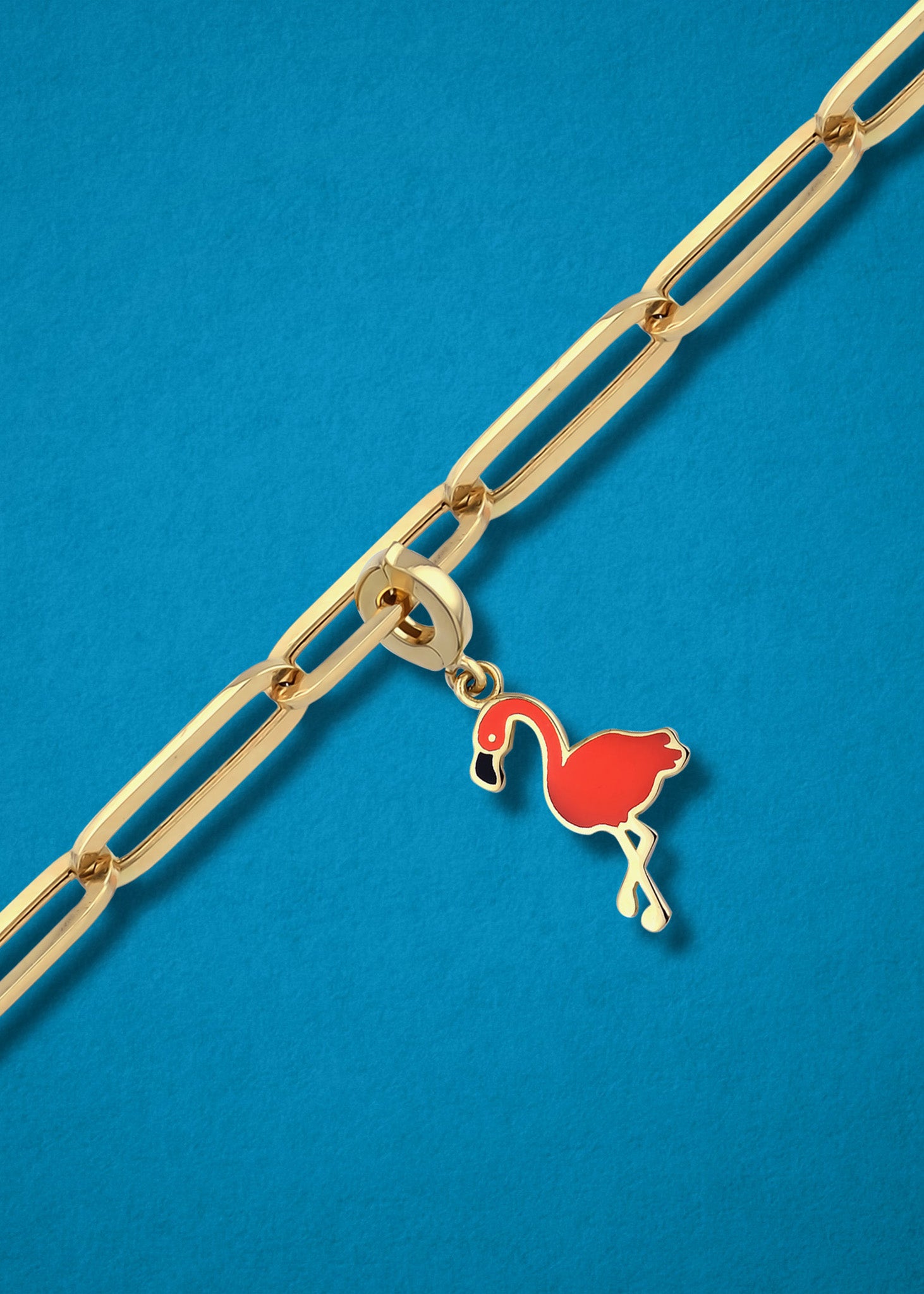 Flamingo Flair Charm in 14K gold and pink enamel on chain, tropical-inspired charm necklace by whywhy NYC.