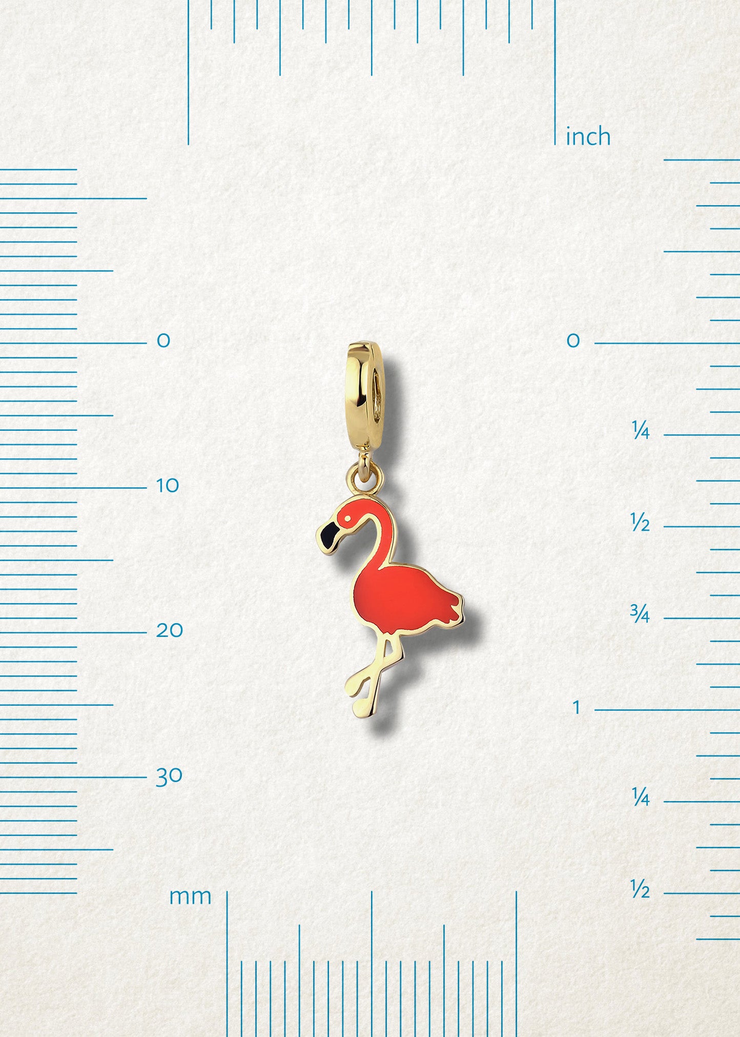 Size view of Flamingo Flair Charm by whywhy NYC, 14K gold and orange enamel charm, approx. 25mm length.