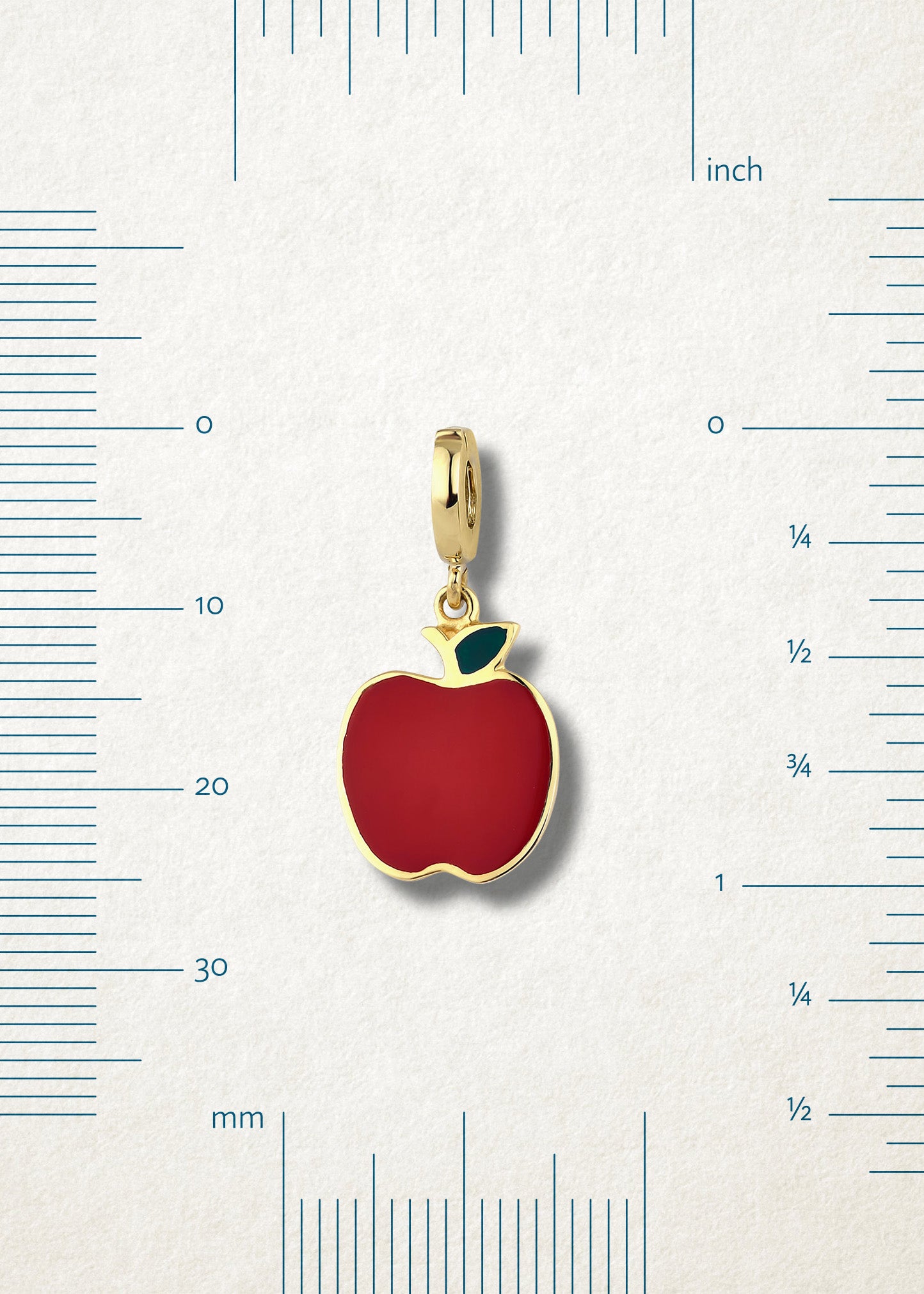 Measurement view of Golden Apple of NYC Charm by whywhy NYC, 14K gold apple charm, approx. 24mm in length.