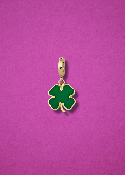 Lucky Clover Charm in 14K solid gold with green enamel by whywhy NYC, four-leaf clover charm for good fortune.