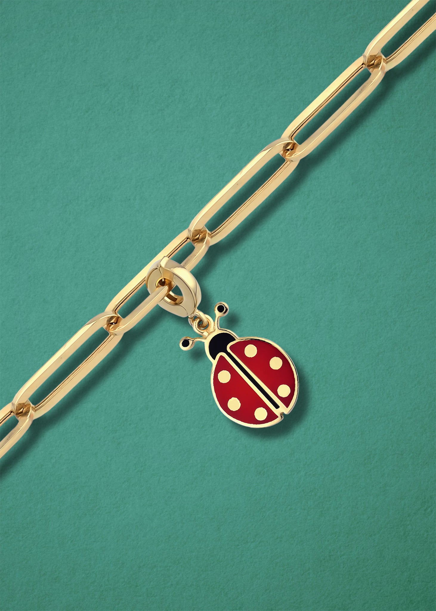 Lucky Ladybird Charm in 14K gold and red enamel on chain, fun ladybird charm necklace by whywhy NYC.