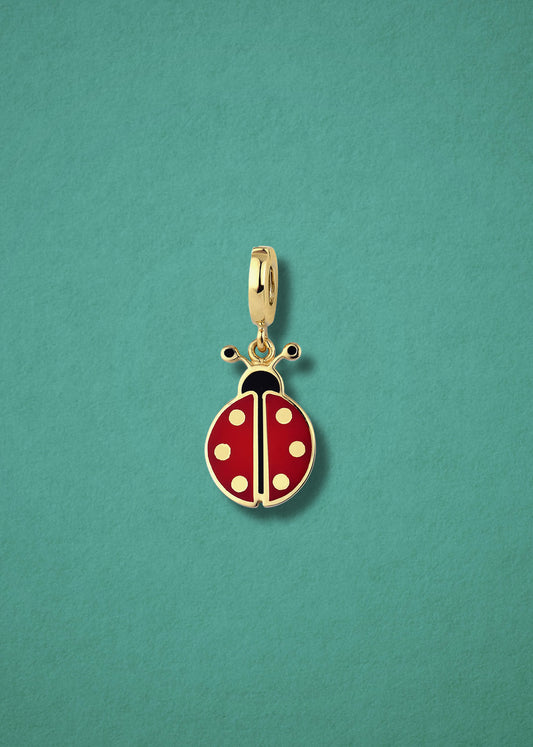 Lucky Ladybird Charm in 14K solid gold with red enamel by whywhy NYC, whimsical ladybird charm for unique style.