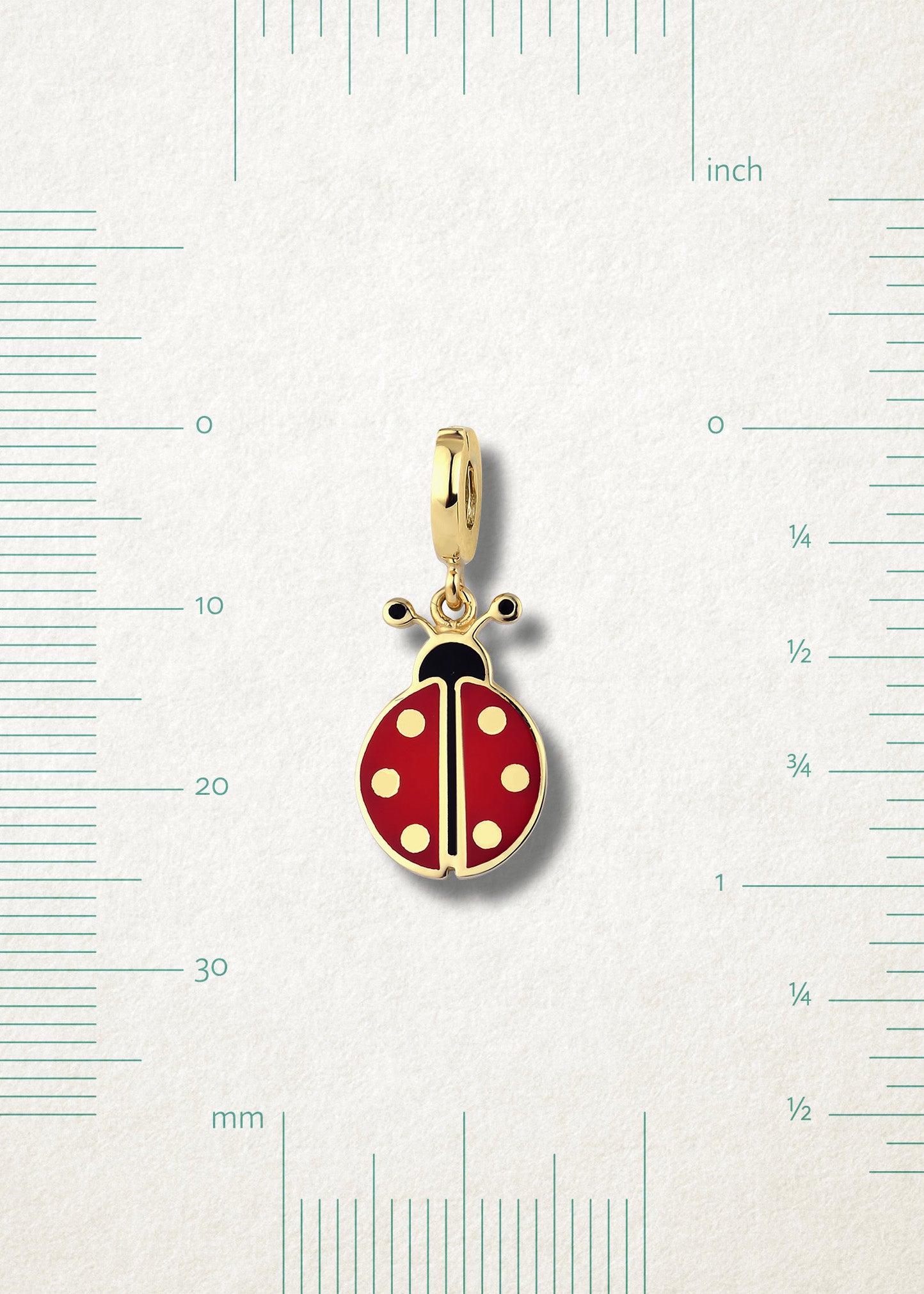 Measurement view of Lucky Ladybird Charm by whywhy NYC, 14K gold ladybird charm, approx. 24mm in length.