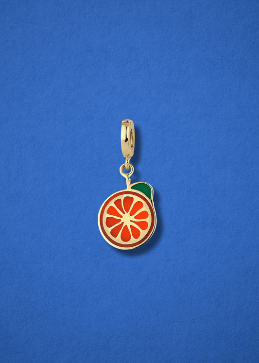 Orange Crush Charm in solid 14K gold with orange enamel, citrus-inspired charm by whywhy NYC for playful jewelry.