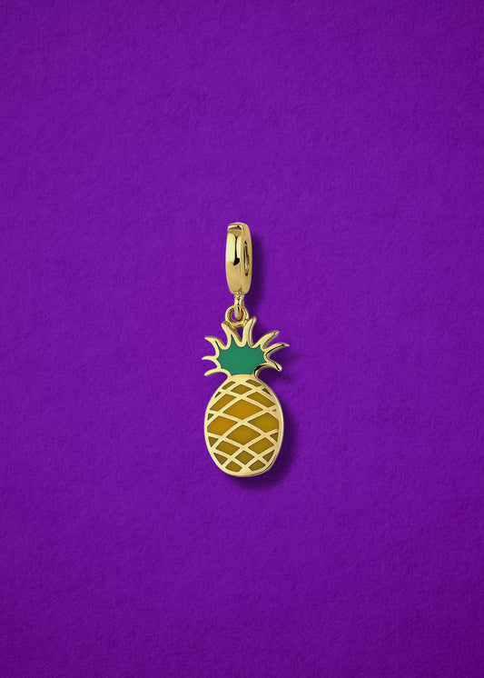 Pineapple Paradise Charm in 14K solid gold with yellow enamel by whywhy NYC, tropical charm for playful style.