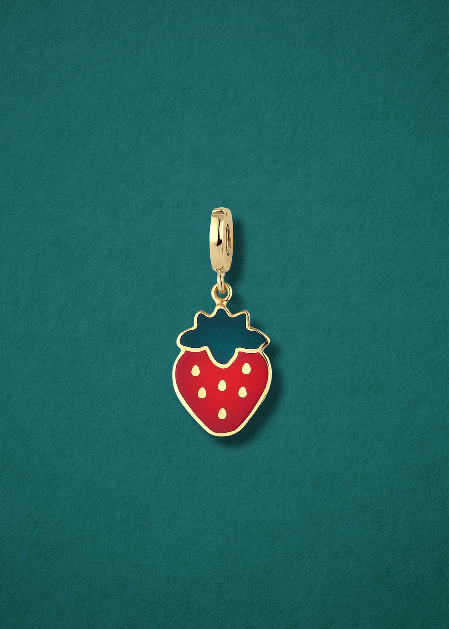 Sweet Strawberry Delight Charm in 14K solid gold with red enamel by whywhy NYC, playful strawberry charm for jewelry stacks.