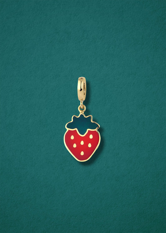 Sweet Strawberry Delight Charm in 14K solid gold with red enamel by whywhy NYC, playful strawberry charm for jewelry stacks.