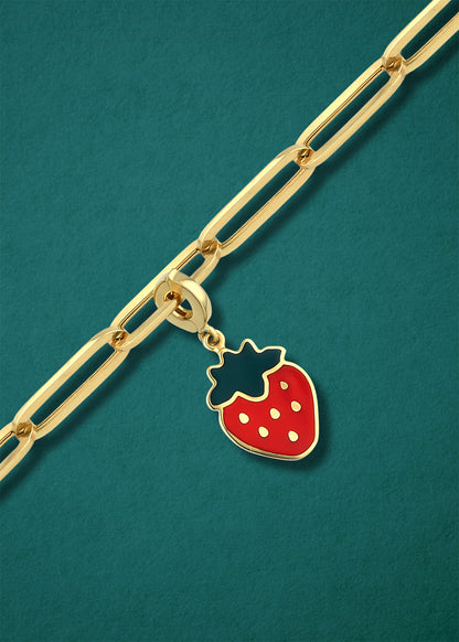 Sweet Strawberry Delight Charm in 14K gold and red enamel on chain, bold strawberry charm necklace by whywhy NYC.