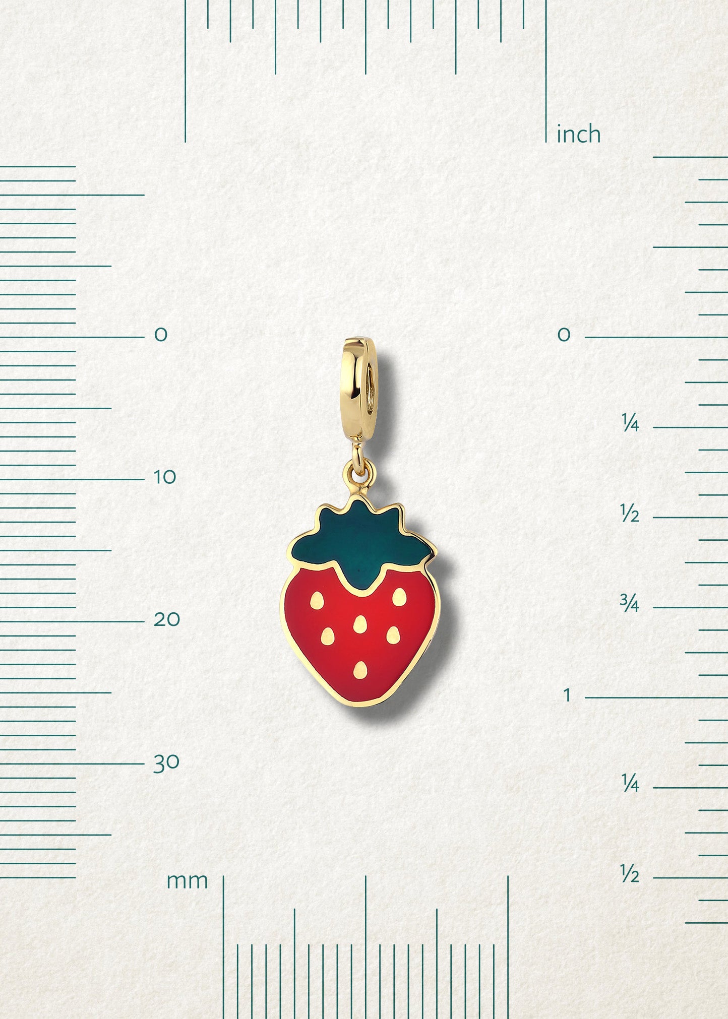 Size view of Sweet Strawberry Delight Charm by whywhy NYC, 14K gold and red enamel, approx. 26mm in length.