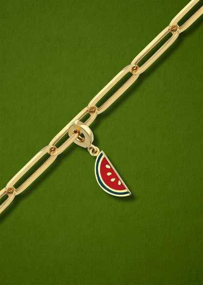 Watermelon Wonder Charm in 14K gold with colorful enamel on chain, watermelon charm necklace by whywhy NYC.