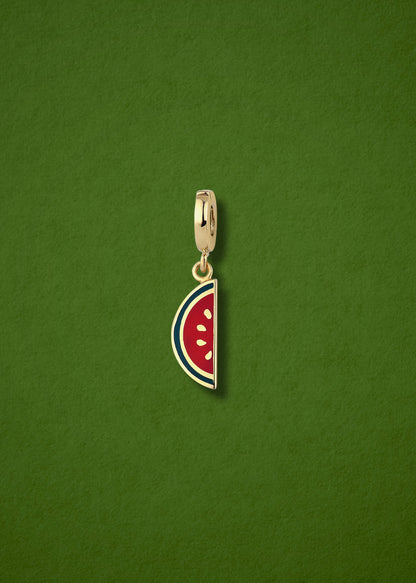 Watermelon Wonder Charm in 14K solid gold with green and red enamel by whywhy NYC, fun fruit charm for bold style.